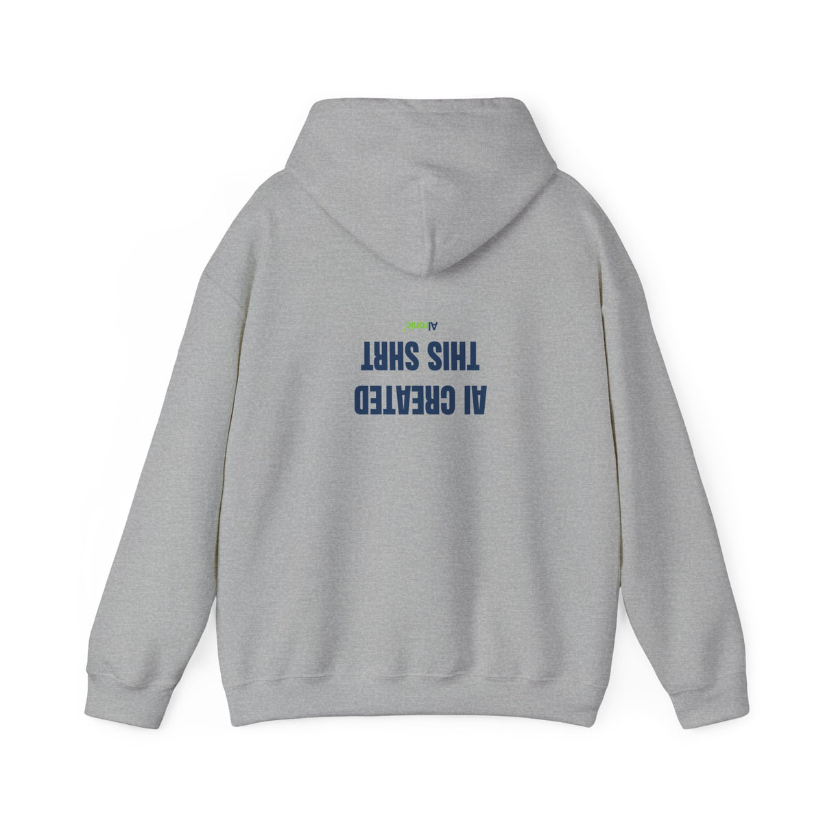 Navy hoodie featuring minimal “AI created this shirt” AI humor design by AIronic, catalog view 2