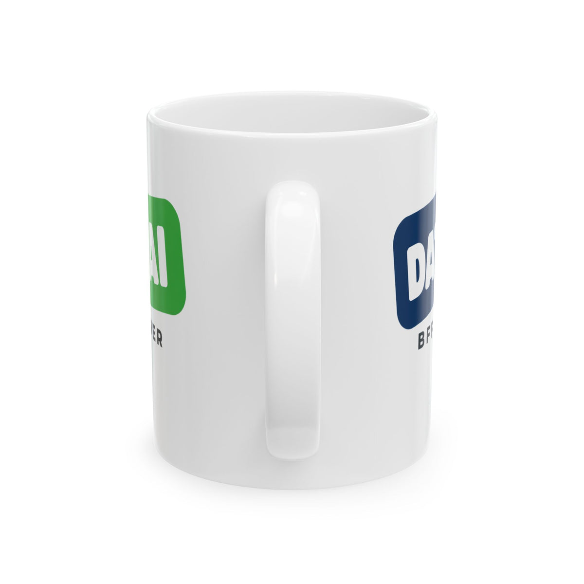 White 11oz mug featuring "Data + AI, BFFs Forever" AI humor design by AIronic, back view with handle centered