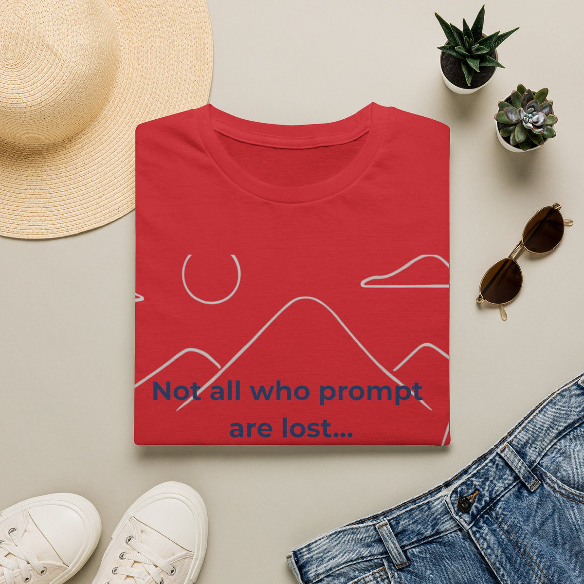 Red T-Shirt featuring "Not All Who Prompt Are Lost Scenic" AI humor design by AIronic, gallery view 12