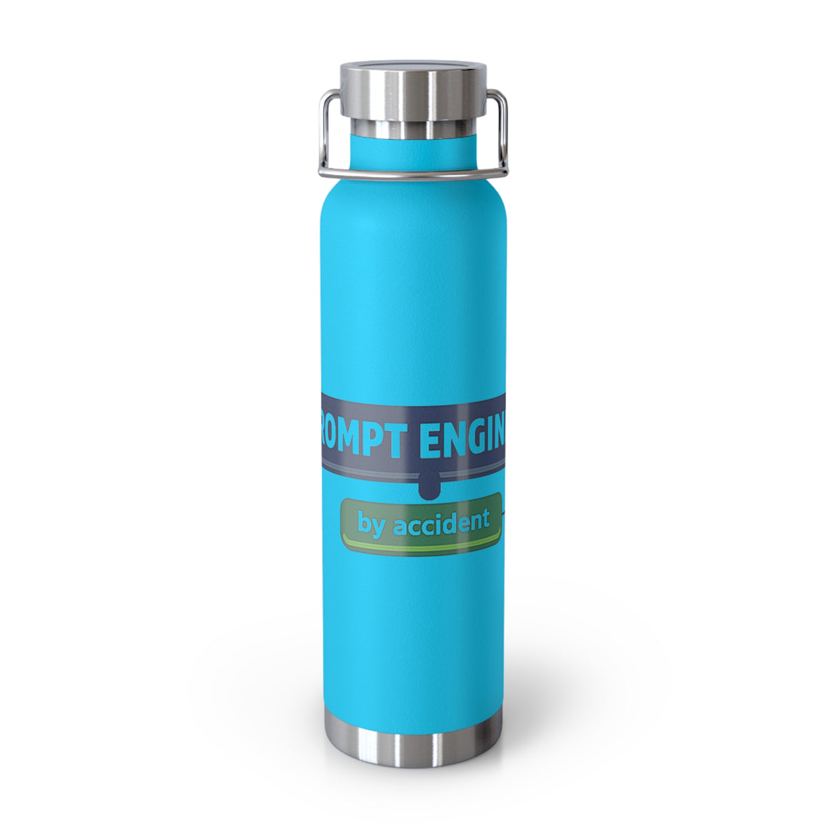 Pebble Blue Water Bottle featuring "Prompt Engineer by Accident" AI humor design by AIronic, gallery view 7