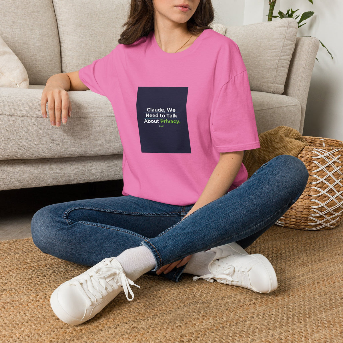 T-Shirt featuring "Claude Privacy" AI humor design by AIronic, gallery view 40