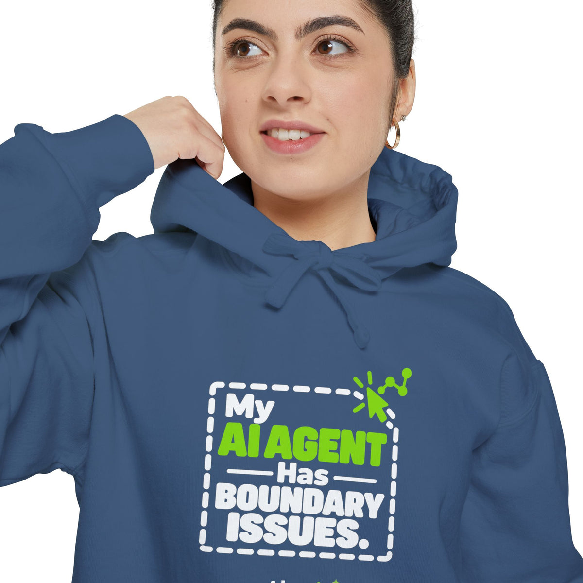 White hoodie featuring “My AI agent has boundary issues” AI humor design by AIronic, catalog view 5