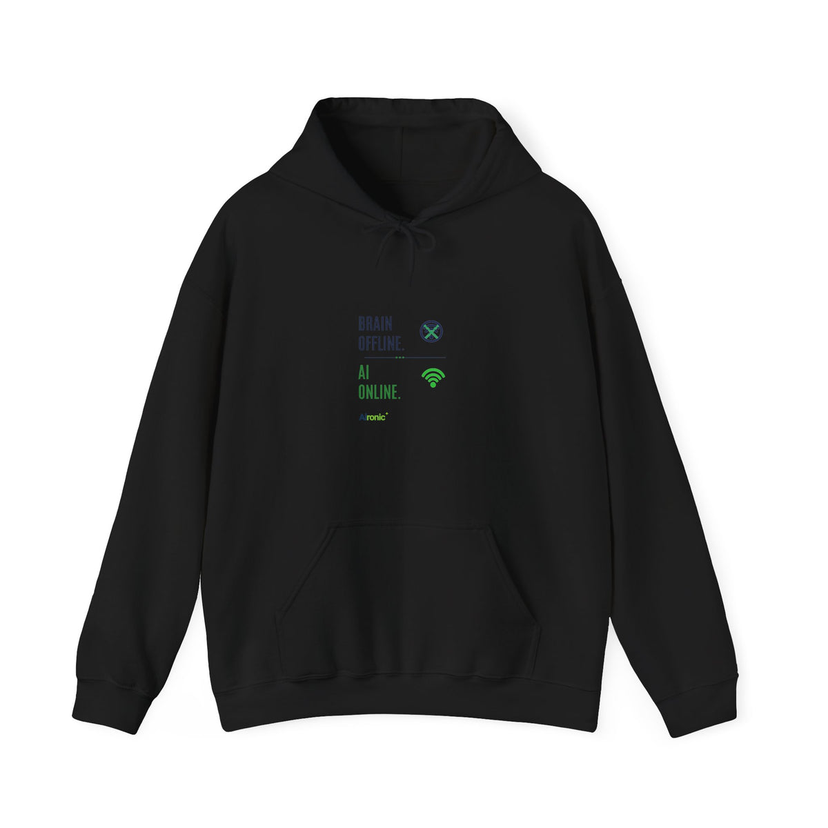 Black Hoodie featuring "Brain Offline, AI Online" AI humor design by AIronic, gallery view 5