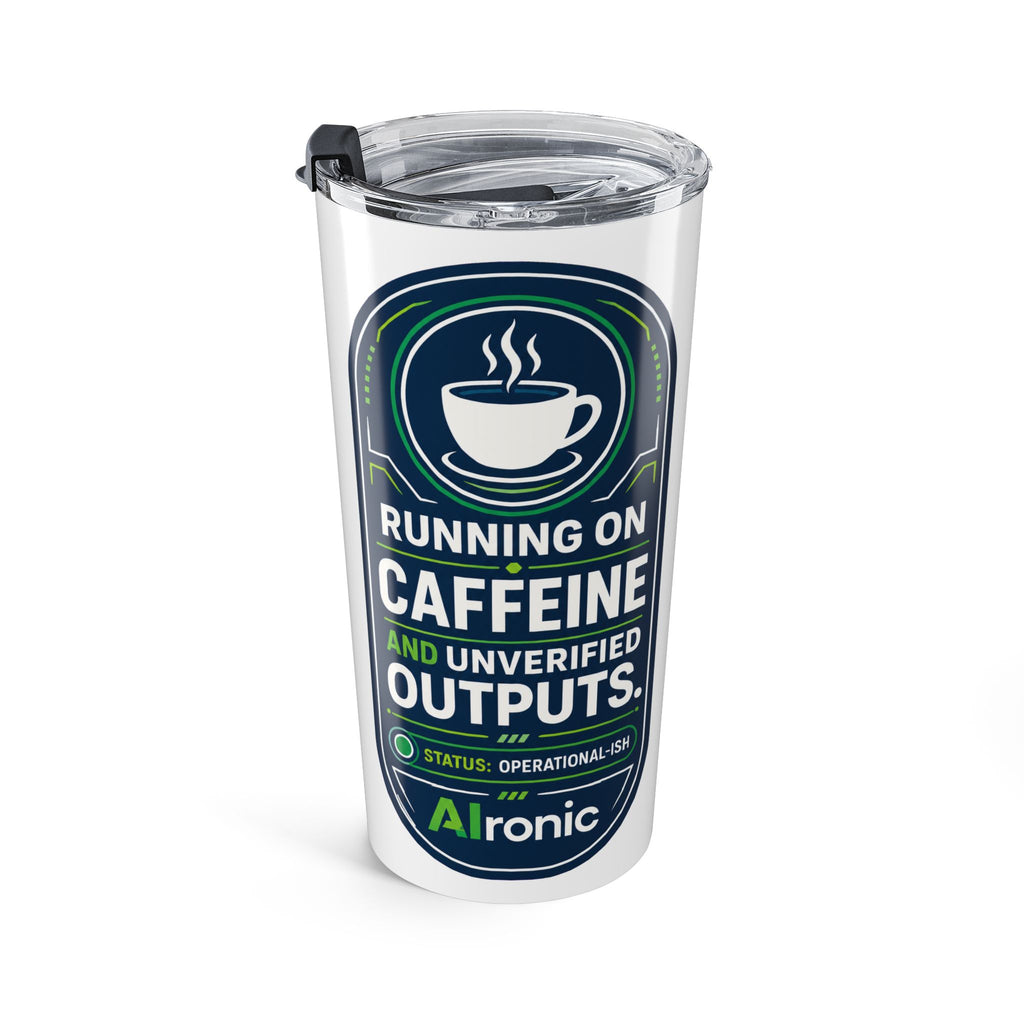 Tumbler featuring "Running on Caffeine and Unverified Outputs" AI humor design by AIronic, gallery view 3