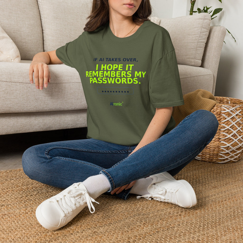 Model wearing Military Green T-shirt with "I hope AI remembers my passwords" AI humor design by AIronic