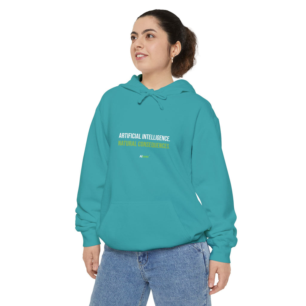 Denim hoodie featuring “Artificial intelligence. Natural consequences.” AI humor design by AIronic, catalog view 3