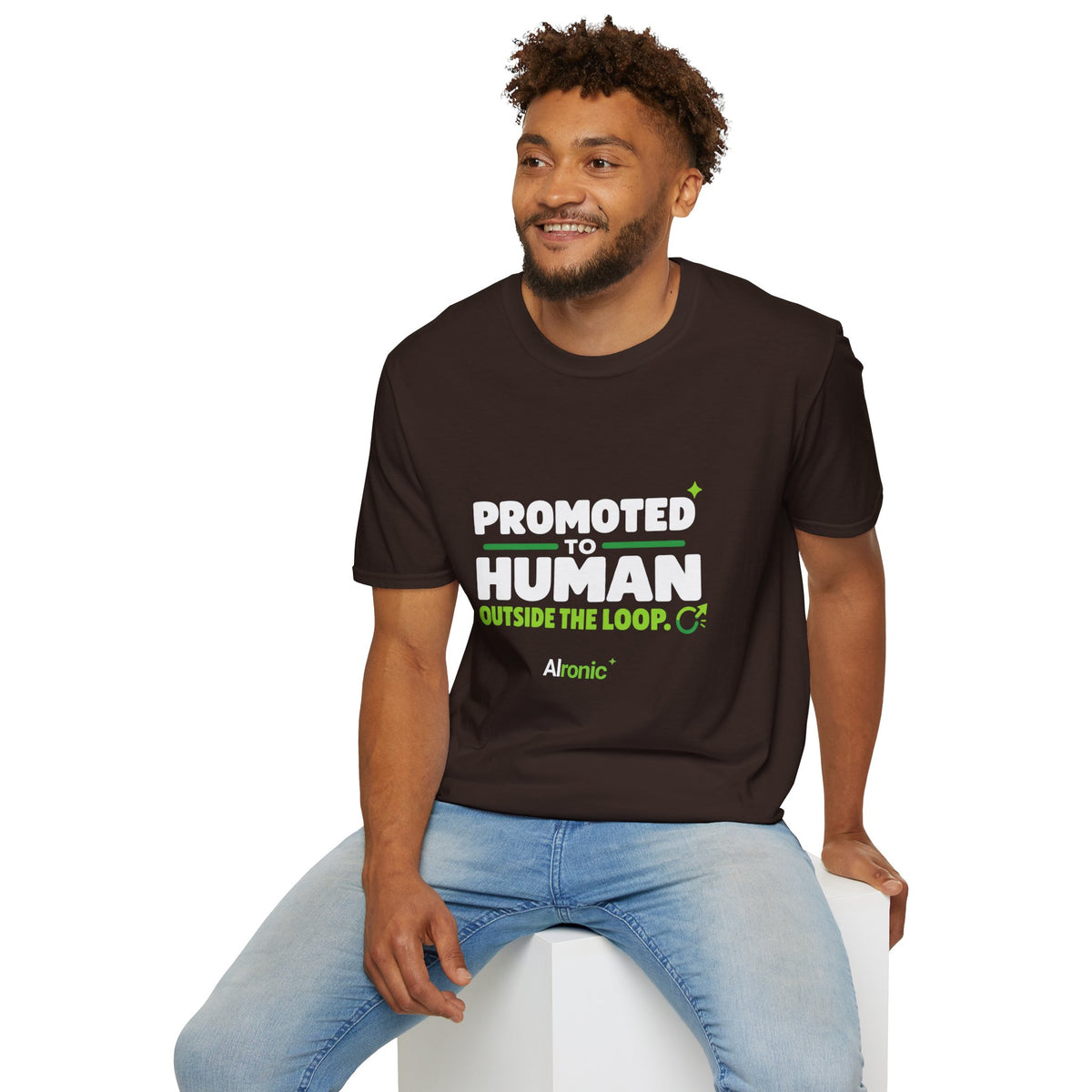 AIronic T-shirt featuring “Promoted to Human Outside the Loop” AI humor design, gallery view 23