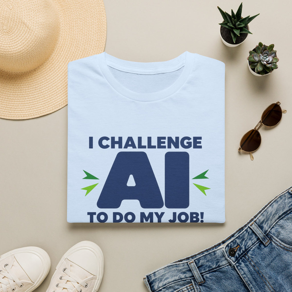 Light Blue T-shirt featuring "I Challenge AI to Do My Job" by AIronic, product view 8