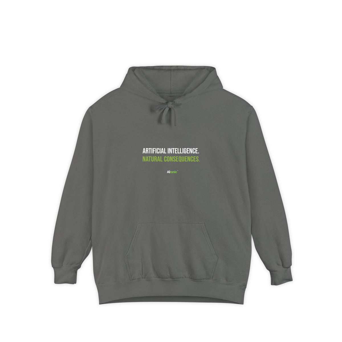 Grey hoodie featuring “Artificial intelligence. Natural consequences.” AI humor design by AIronic, catalog view 1