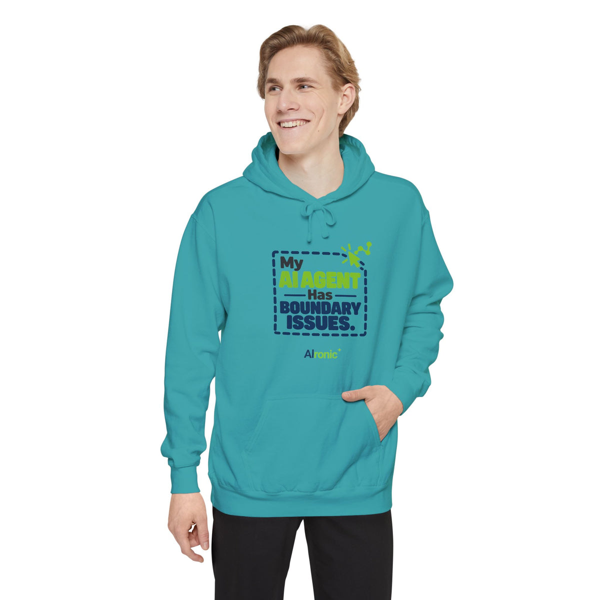 Denim hoodie featuring “My AI agent has boundary issues” AI humor design by AIronic, catalog view 3