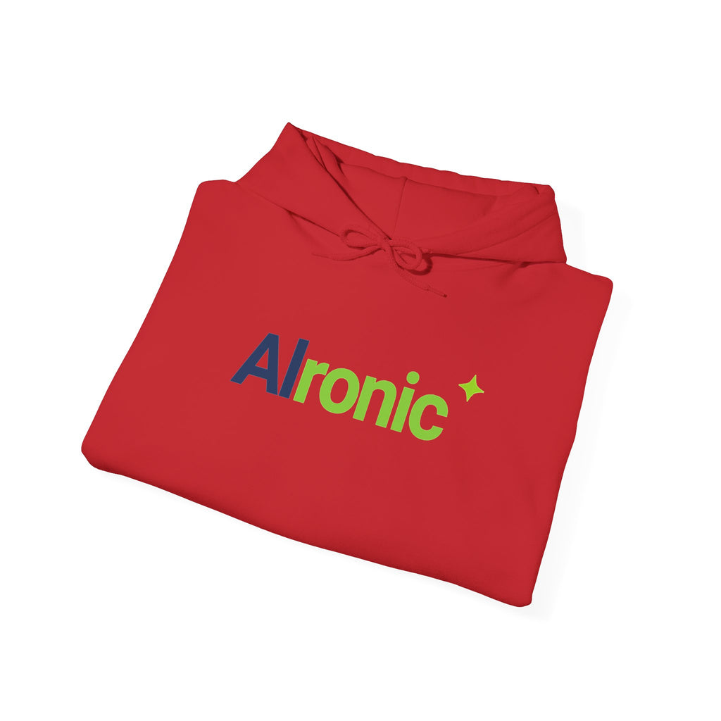 Red hoodie featuring “AI created this shirt” AI humor design by AIronic, catalog view 4
