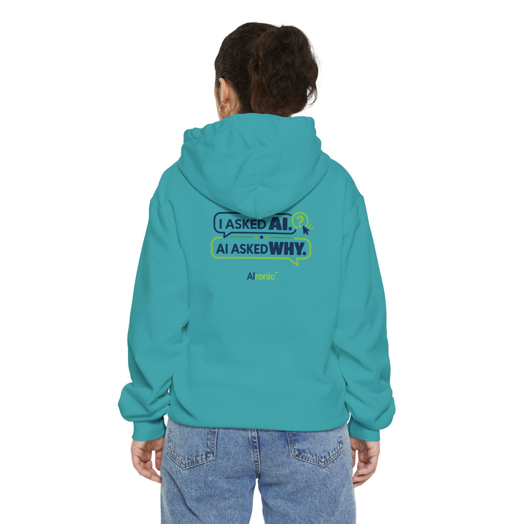 True Navy hoodie featuring “I asked AI. AI asked why” AI humor design by AIronic, catalog view 3