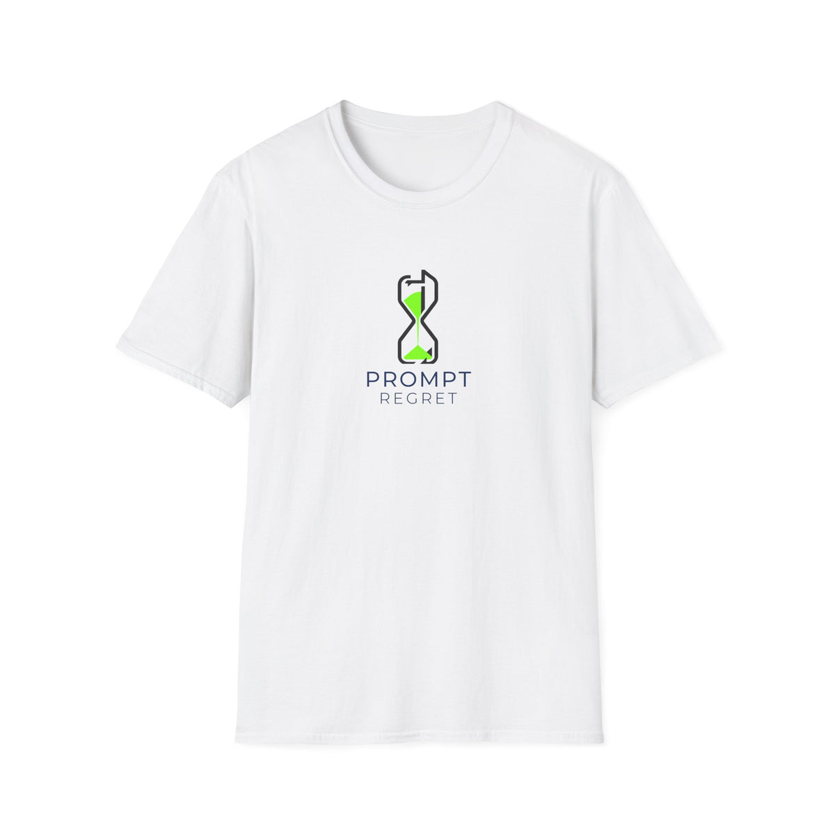 White T-Shirt featuring "Prompt Regret Hourglass" AI humor design by AIronic, gallery view 1