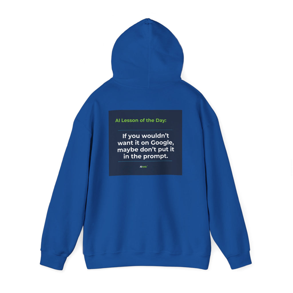 Hoodie featuring "Google Prompt Privacy" AI humor design by AIronic, gallery view 31