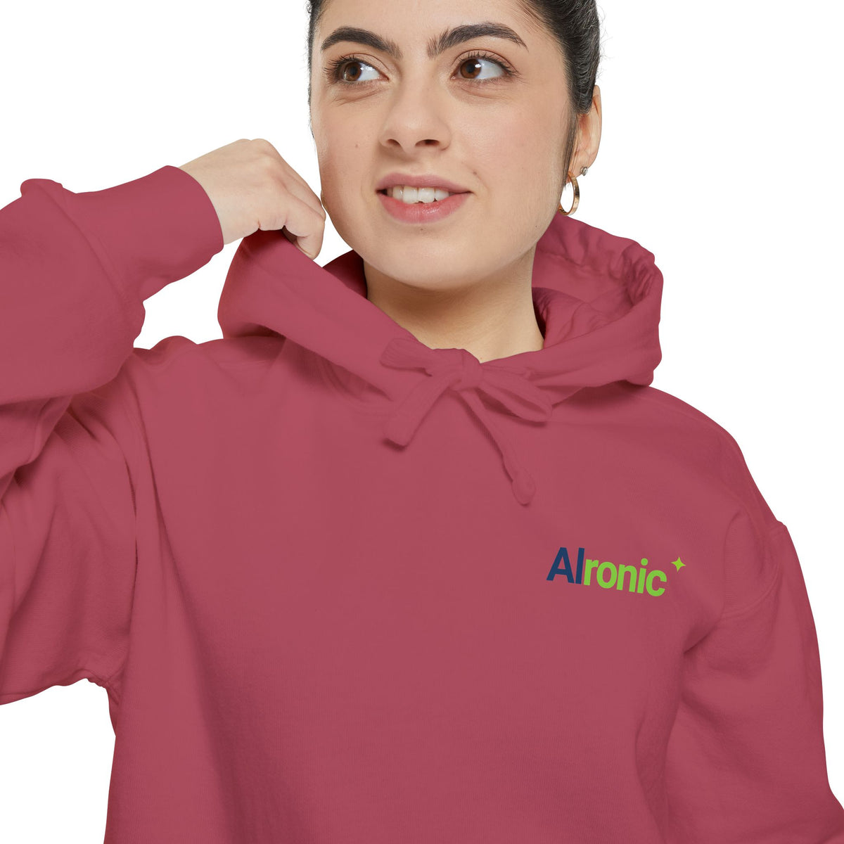 Flo Blue hoodie featuring “I asked AI. AI asked why” AI humor design by AIronic, catalog view 5