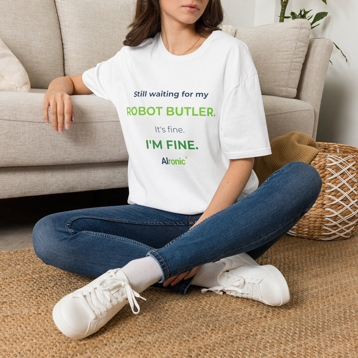 White T-shirt featuring “Still waiting for my robot butler” AI humor design by AIronic, catalog view 2