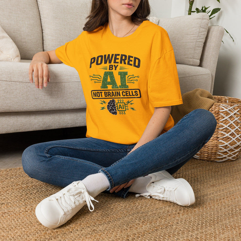 T-Shirt featuring "Powered by AI" AI humor design by AIronic, gallery view 25