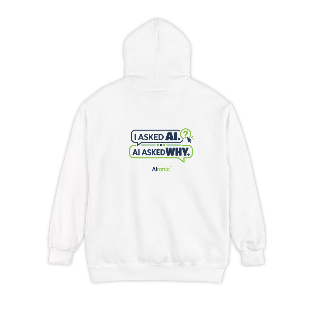 Pepper hoodie featuring “I asked AI. AI asked why” AI humor design by AIronic, catalog view 2