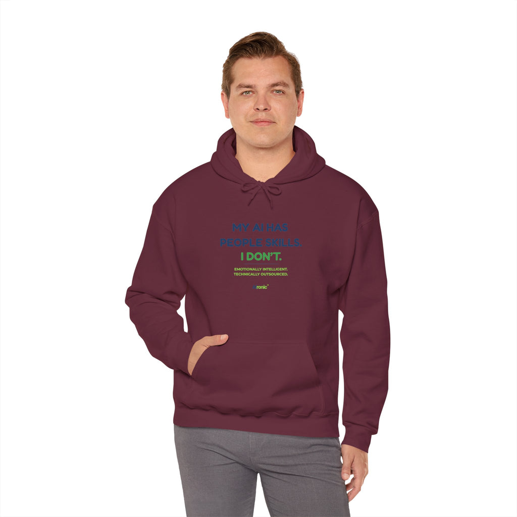 Hoodie featuring “My AI Has People Skills. I Don't.” AI humor design by AIronic, gallery view 27
