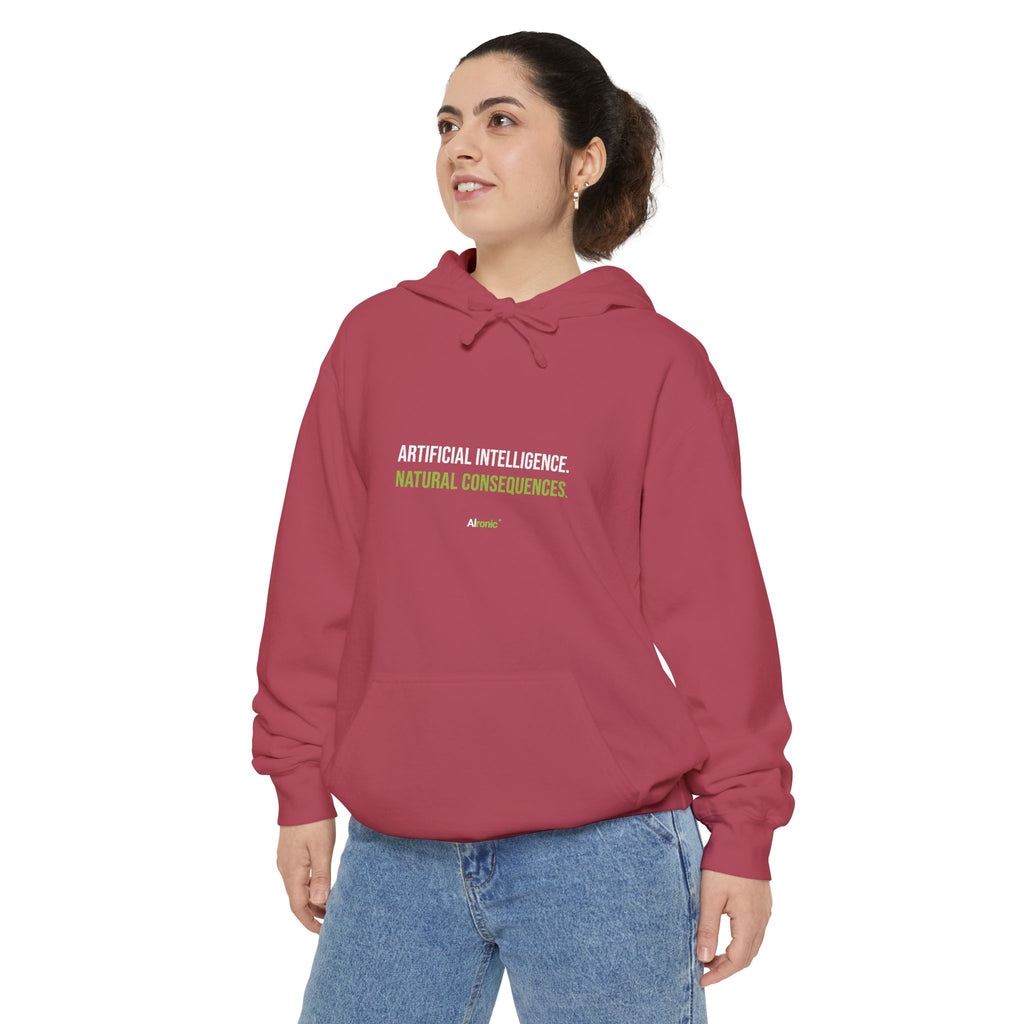 Seafoam hoodie featuring “Artificial intelligence. Natural consequences.” AI humor design by AIronic, catalog view 5