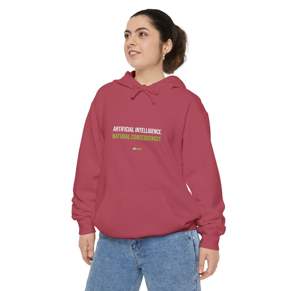 Seafoam hoodie featuring “Artificial intelligence. Natural consequences.” AI humor design by AIronic, catalog view 5