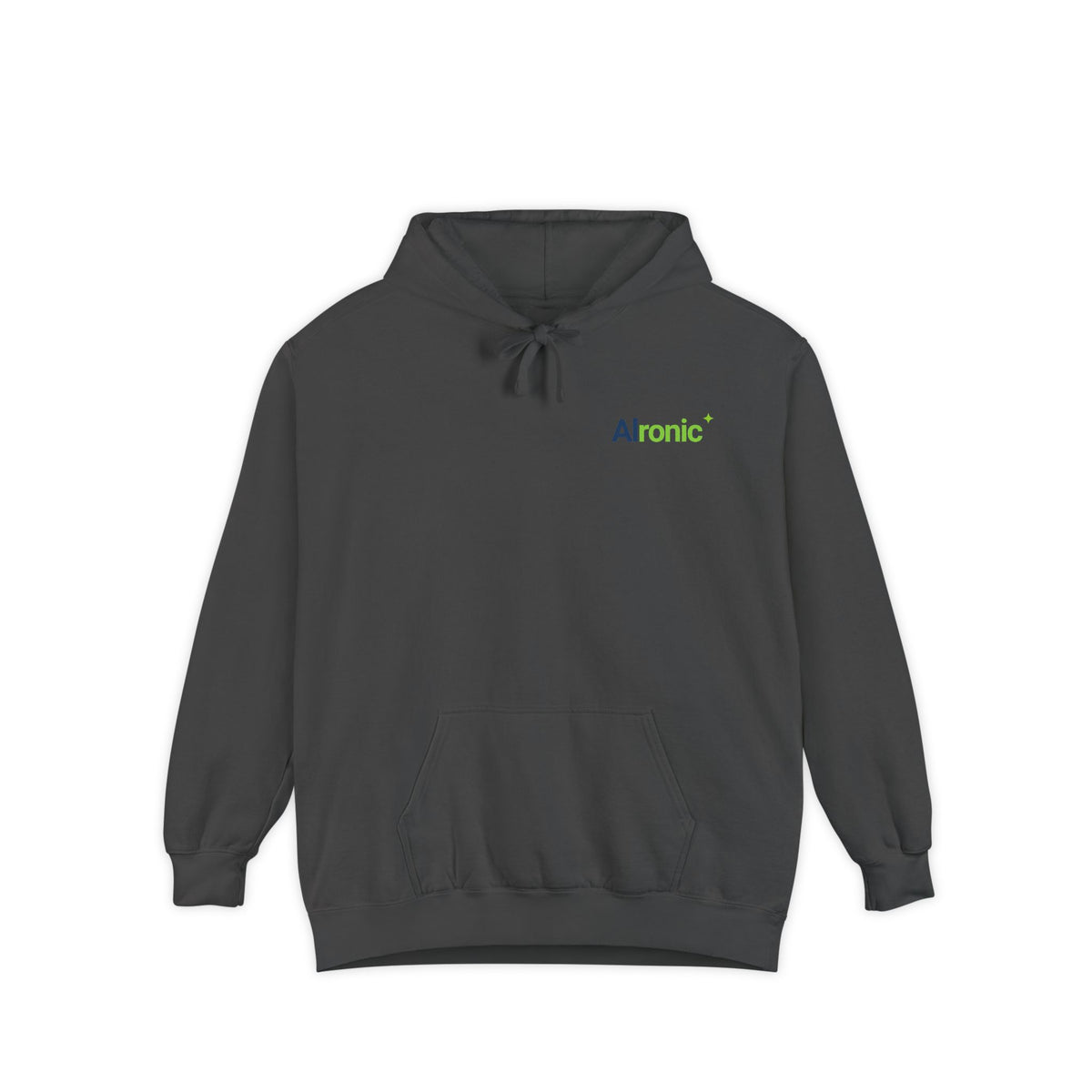 Pepper hoodie featuring “I asked AI. AI asked why” AI humor design by AIronic, catalog view 1