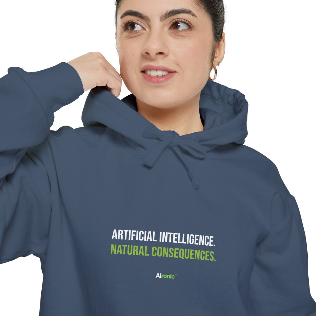 True Navy hoodie featuring “Artificial intelligence. Natural consequences.” AI humor design by AIronic, catalog view 5