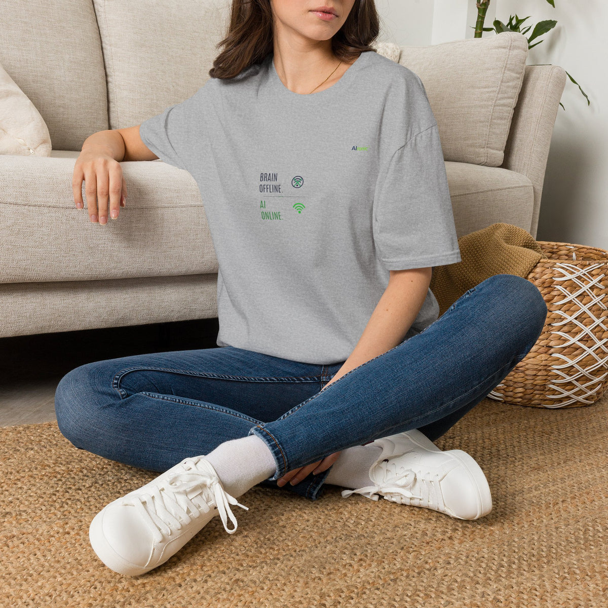 T-Shirt featuring "Brain Offline, AI Online" AI humor design by AIronic, gallery view 22