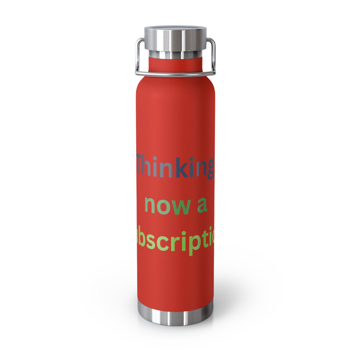Red Water Bottle featuring "Thinking Now a Subscription" AI humor design by AIronic, gallery view 2