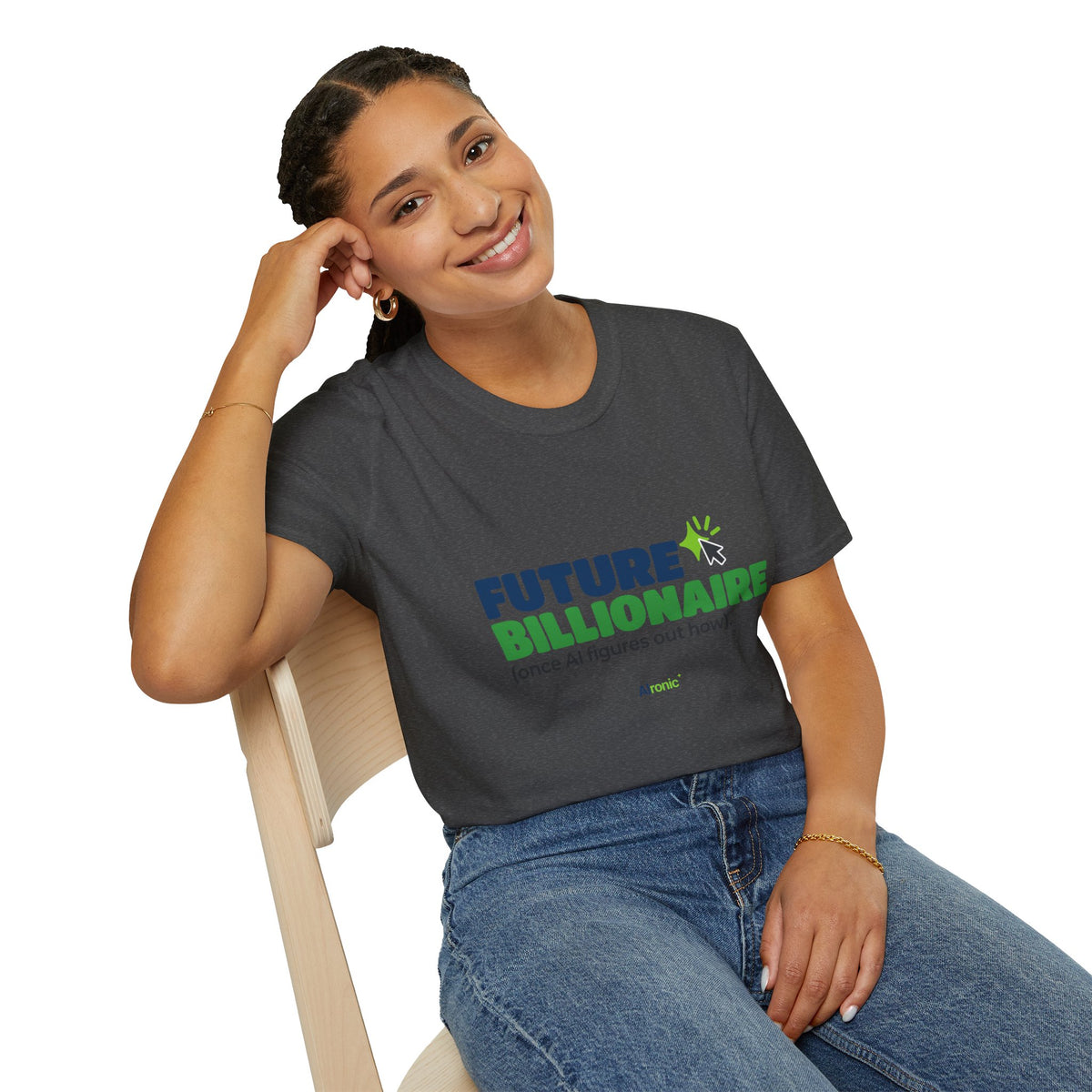 Natural T-shirt featuring “Future billionaire, once AI figures out how” AI humor design by AIronic, catalog view 4