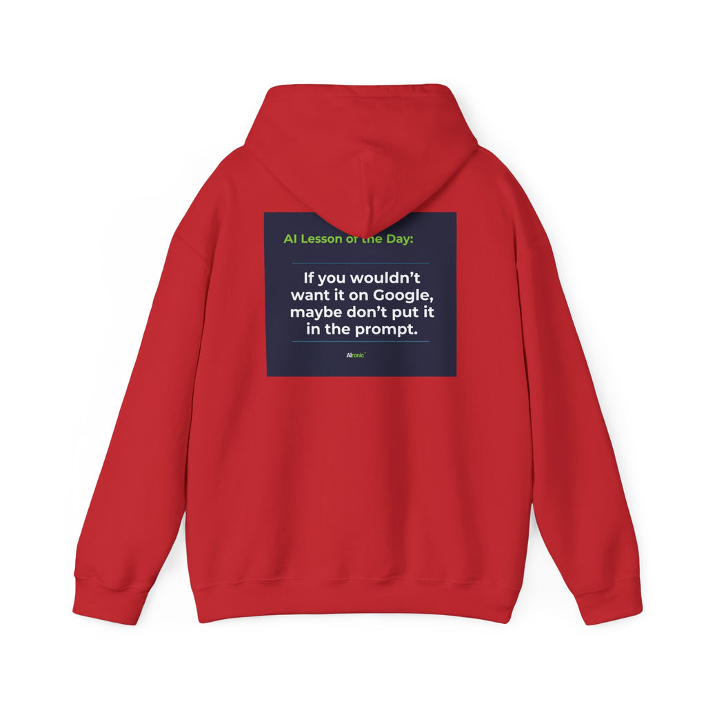 Hoodie featuring "Google Prompt Privacy" AI humor design by AIronic, gallery view 42