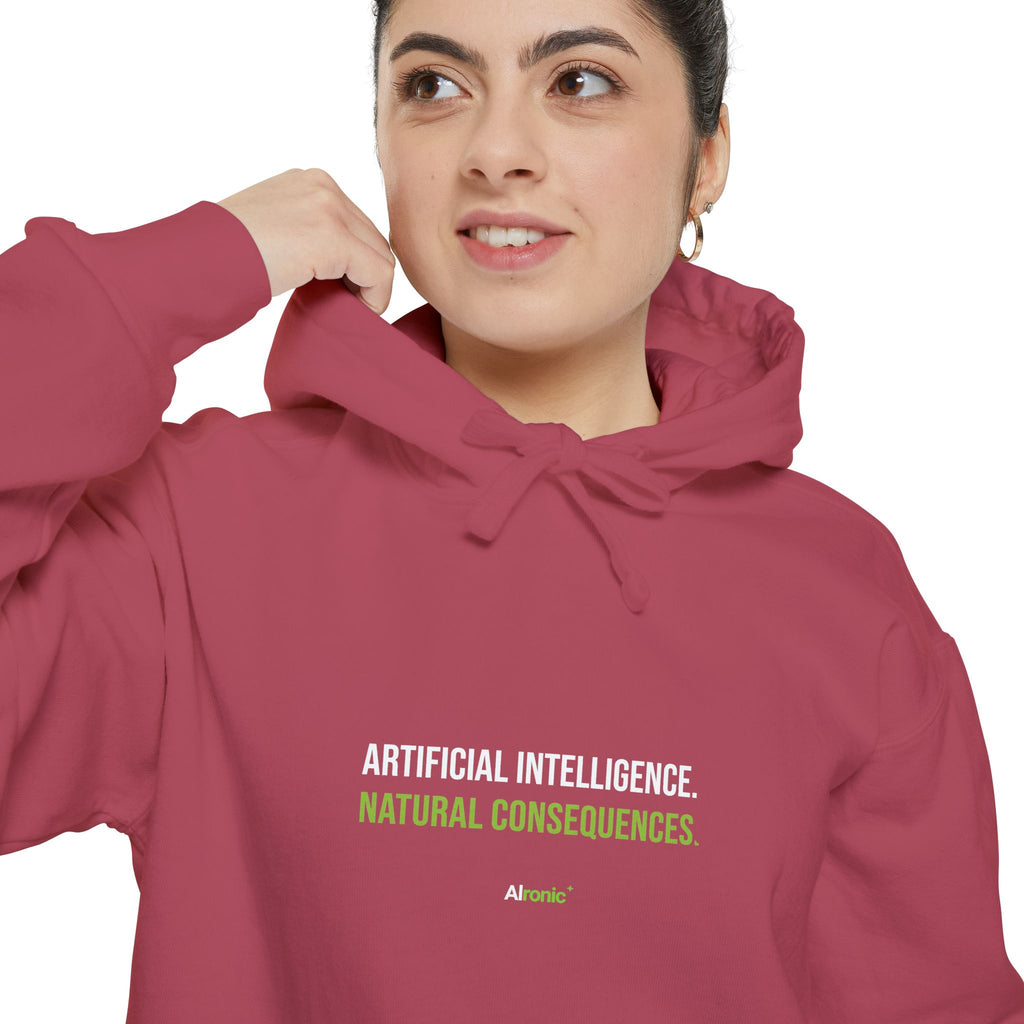 Flo Blue hoodie featuring “Artificial intelligence. Natural consequences.” AI humor design by AIronic, catalog view 5