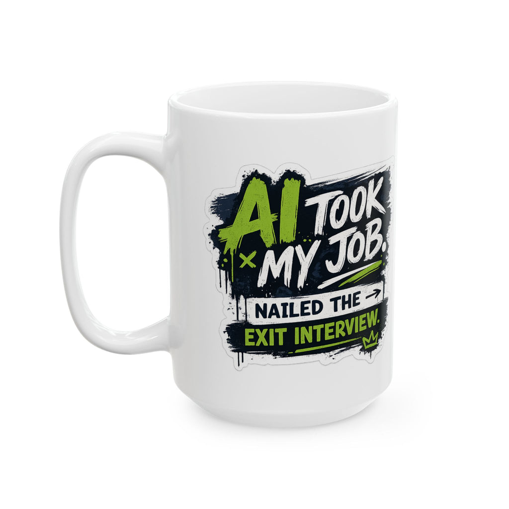 Mug featuring "AI Took My Job, Nailed Exit Interview" AI humor design by AIronic, gallery view 7