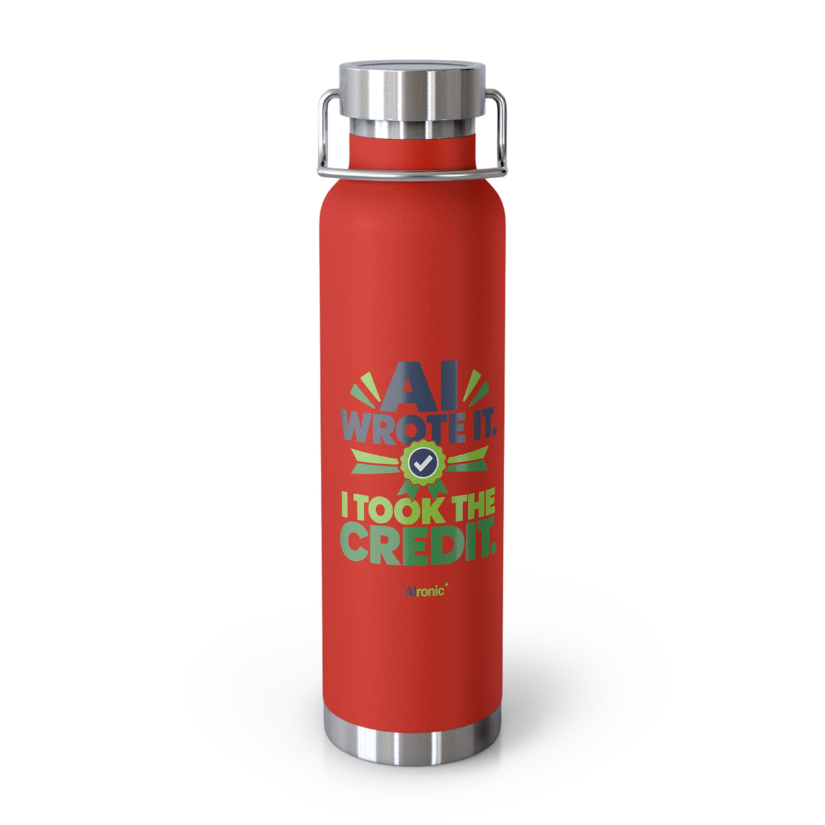 Red Water Bottle featuring "AI Wrote It. I Took the Credit." AI humor design by AIronic, gallery view 2