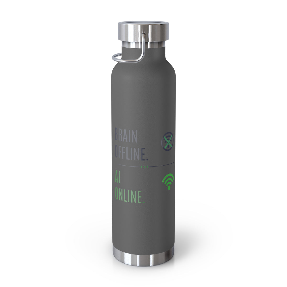 Grey Water Bottle featuring "Brain Offline, AI Online" AI humor design by AIronic, gallery view 3