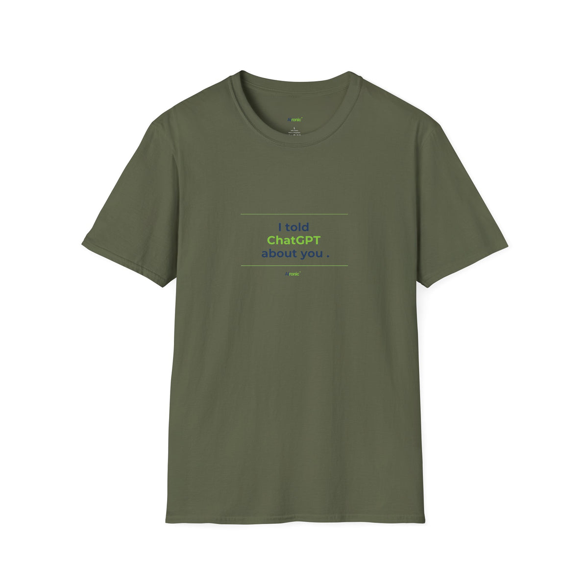Military Green T-Shirt featuring "I Told ChatGPT About You" AI humor design by AIronic, gallery view 6