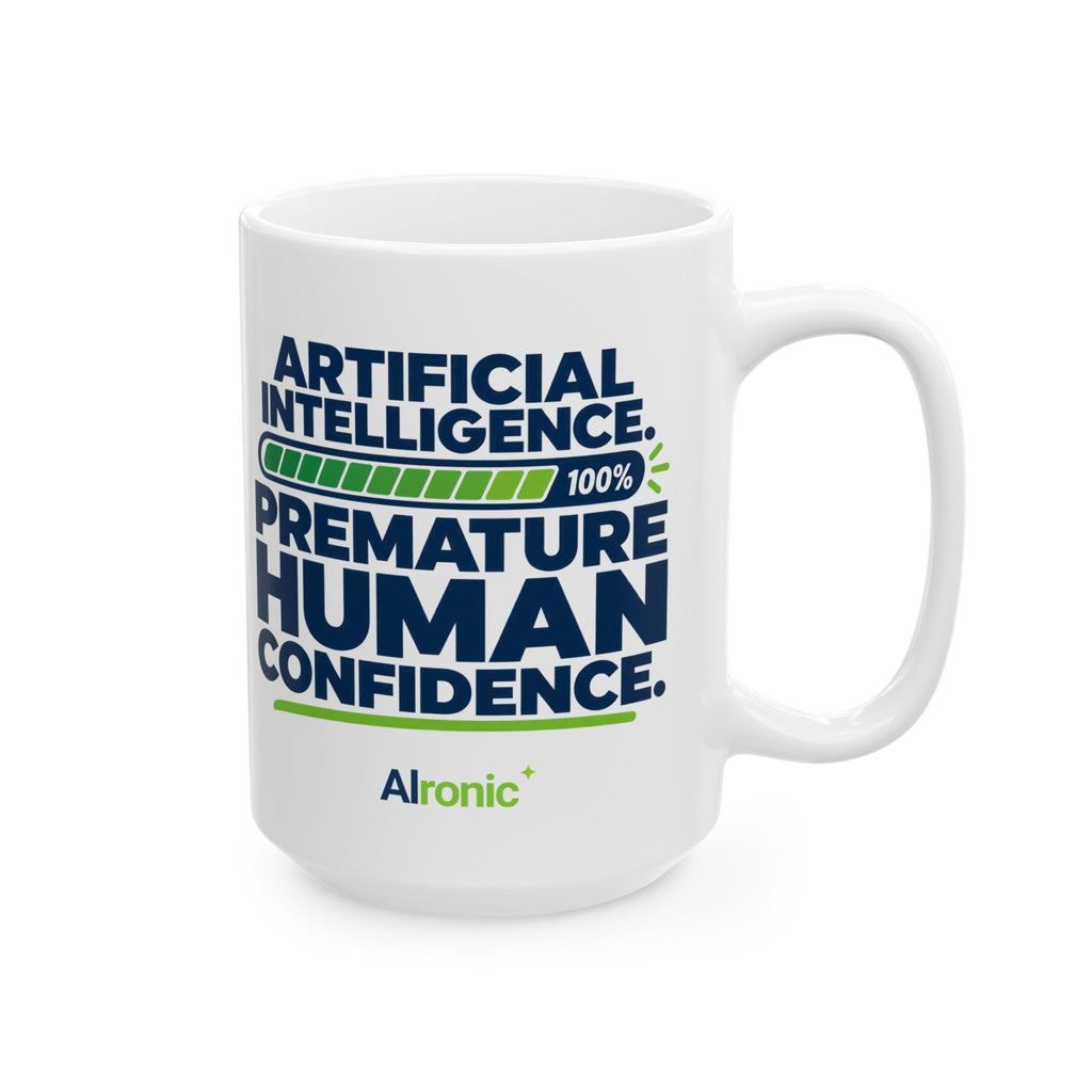 AIronic mug featuring "Premature Human Confidence" AI humor design, gallery view 8