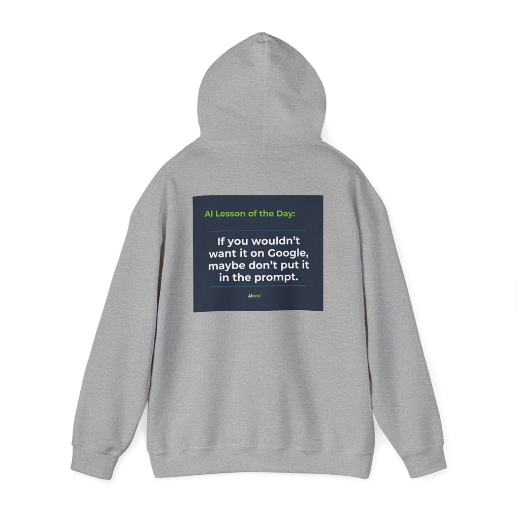 Hoodie featuring "Google Prompt Privacy" AI humor design by AIronic, gallery view 22