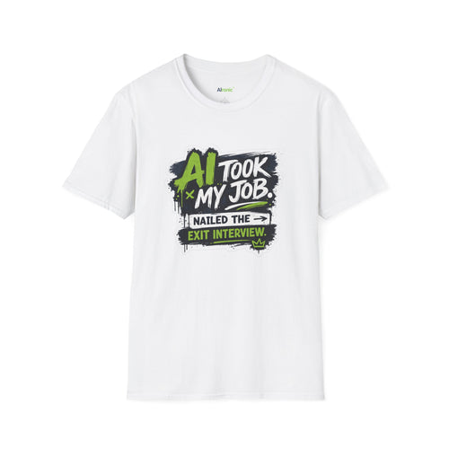 White T-Shirt featuring "AI Took My Job - Nailed Exit Interview" AI humor design by AIronic, gallery view 1