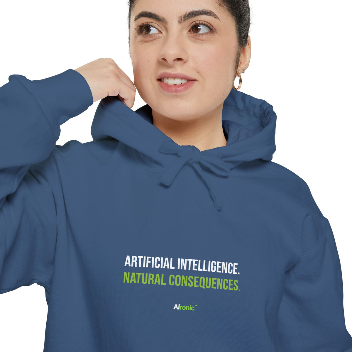 Pepper hoodie featuring “Artificial intelligence. Natural consequences.” AI humor design by AIronic, catalog view 2