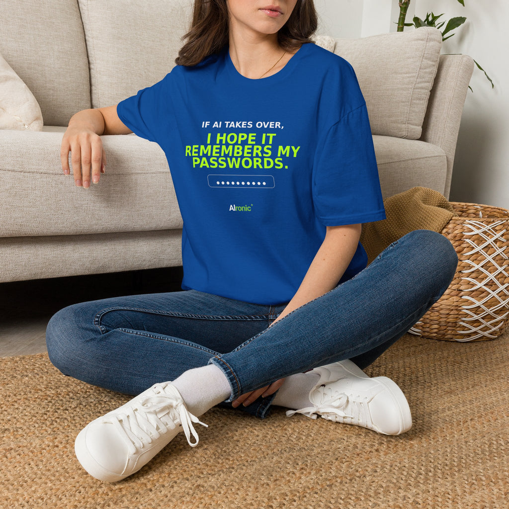 Model wearing Royal T-shirt with "I hope AI remembers my passwords" AI humor design by AIronic