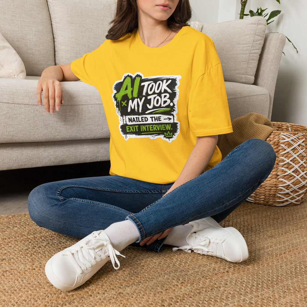 T-Shirt featuring "AI Took My Job - Nailed Exit Interview" AI humor design by AIronic, gallery view 31