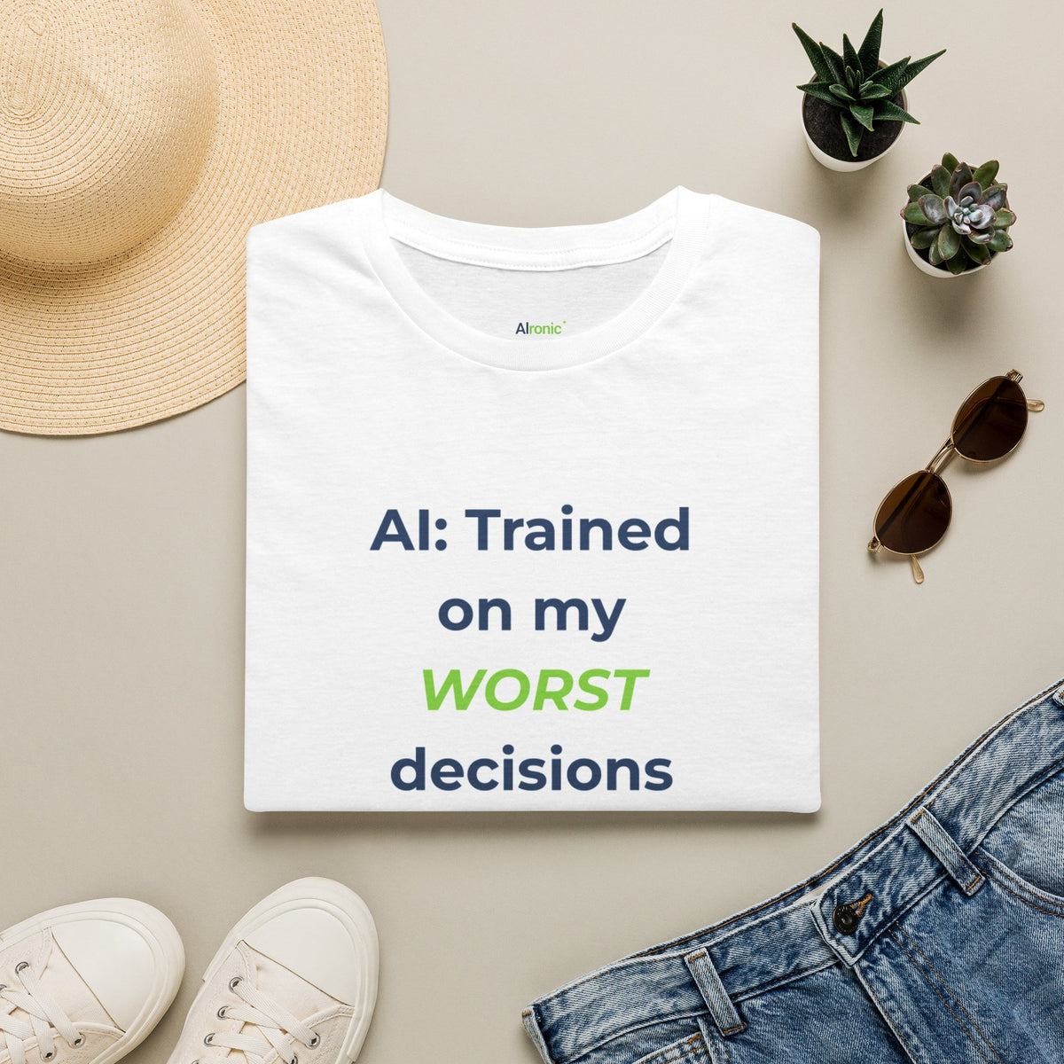 T-Shirt featuring "Trained on My Worst Decisions Quote" AI humor design by AIronic, gallery view 2