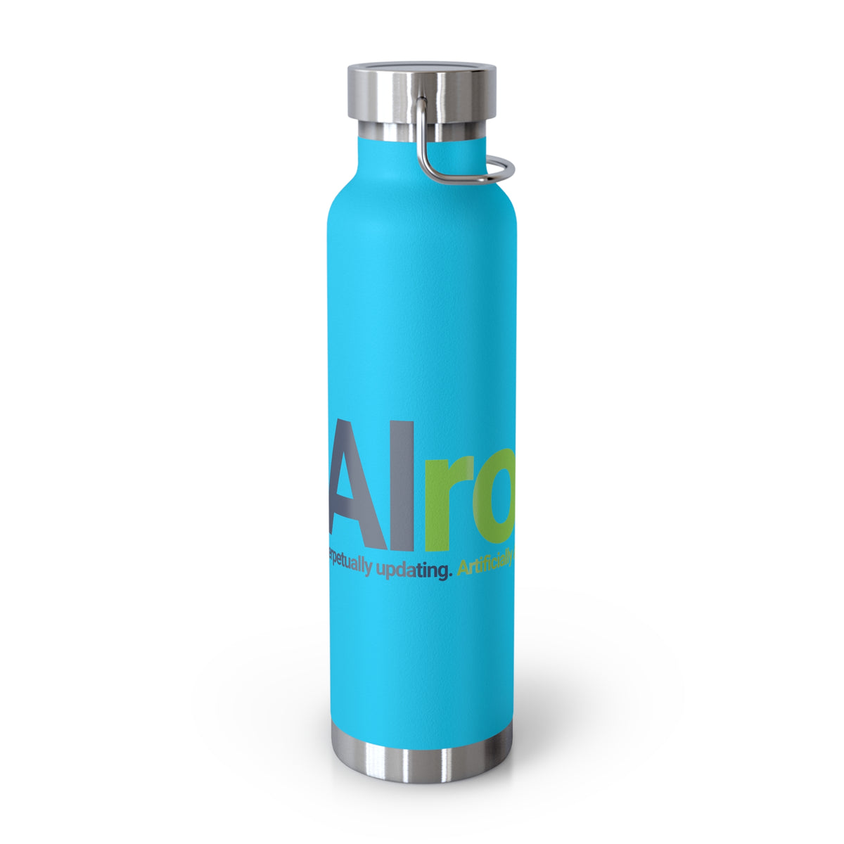Pebble Blue Water Bottle featuring "AIronic Logo" AI humor design by AIronic, gallery view 7