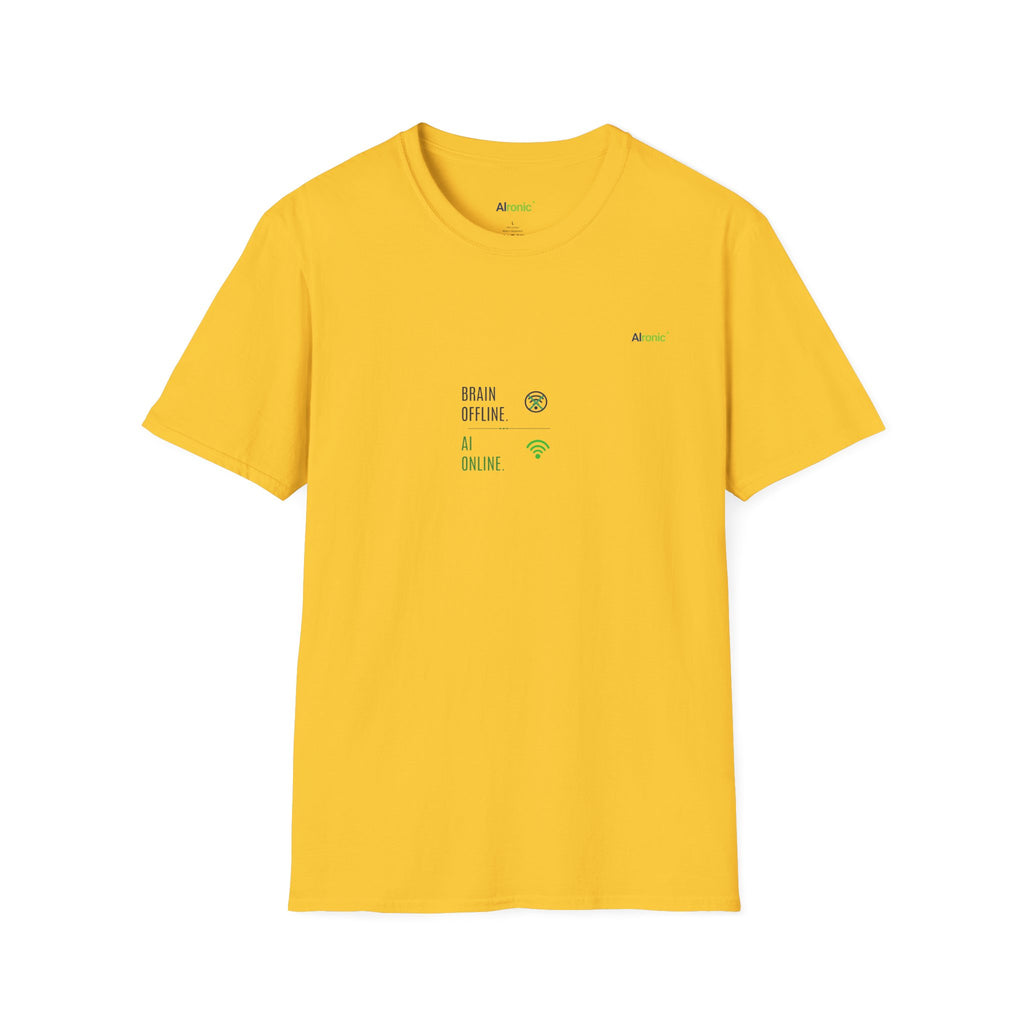 T-Shirt featuring "Brain Offline, AI Online" AI humor design by AIronic, gallery view 32