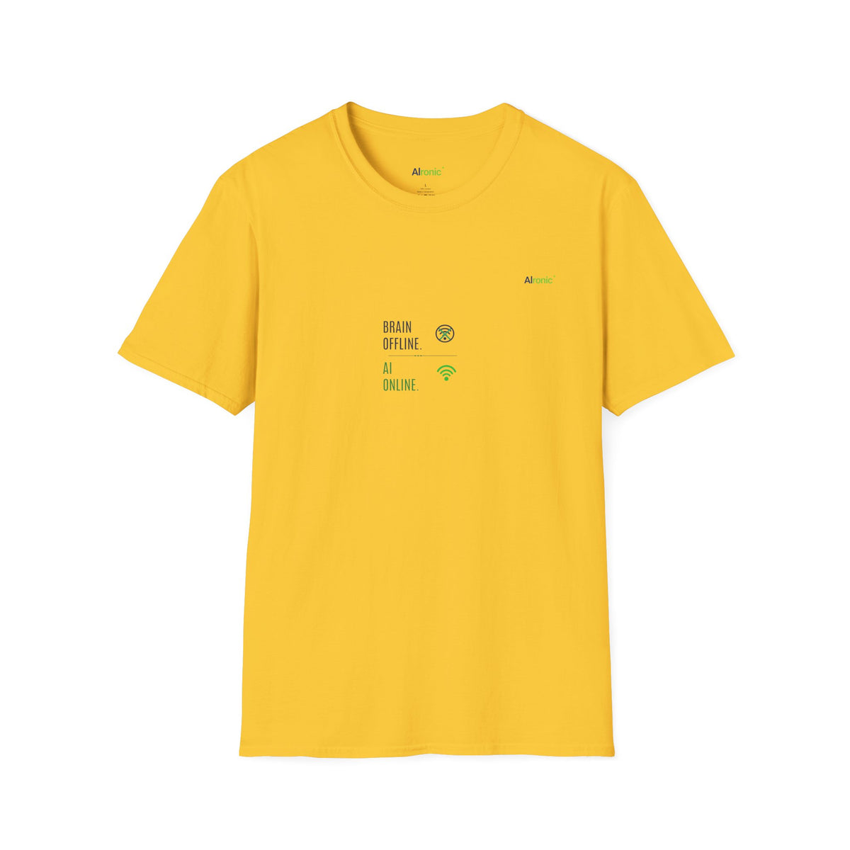 T-Shirt featuring "Brain Offline, AI Online" AI humor design by AIronic, gallery view 32
