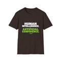 Dark Chocolate T-Shirt featuring "Human Intelligence. Artificial Confidence." AI humor design by AIronic, gallery view 4