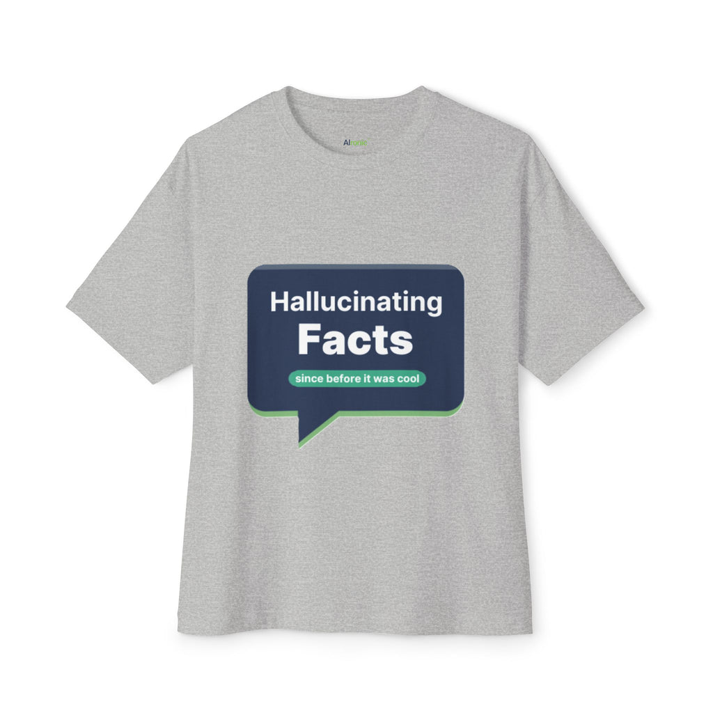 Athletic Heather T-Shirt featuring "Hallucinating Facts" AI humor design by AIronic, gallery view 4