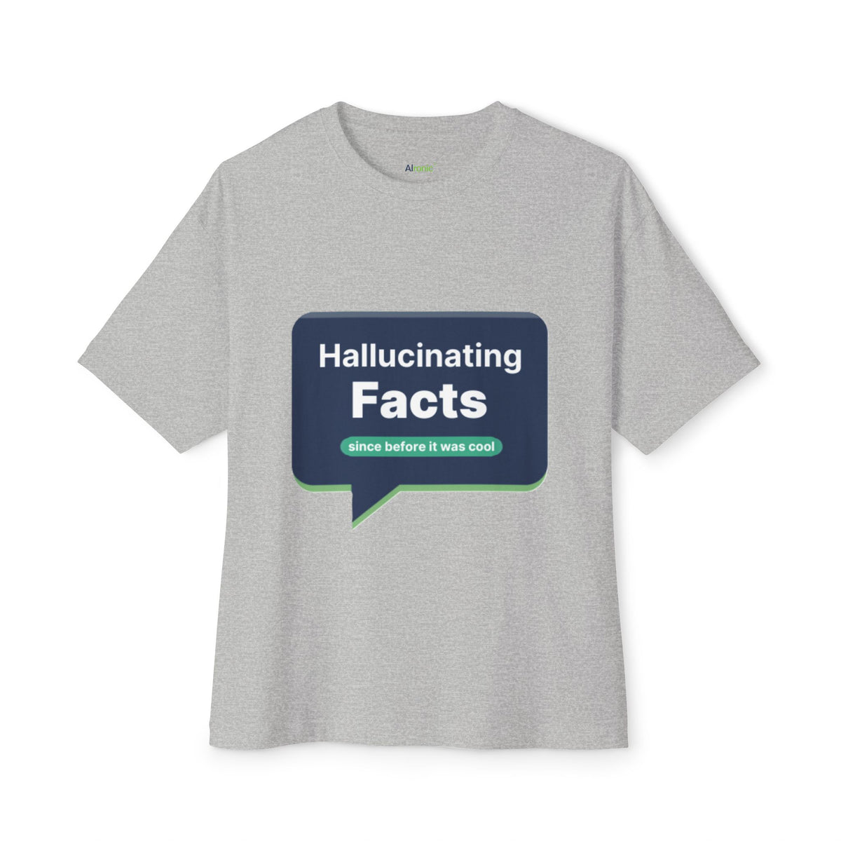Athletic Heather T-Shirt featuring "Hallucinating Facts" AI humor design by AIronic, gallery view 4