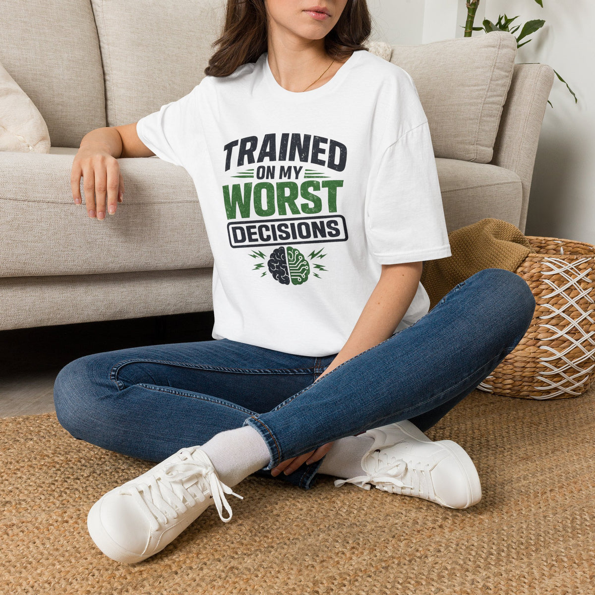 T-Shirt featuring "Trained on My Worst Decisions Fitness" AI humor design by AIronic, gallery view 14